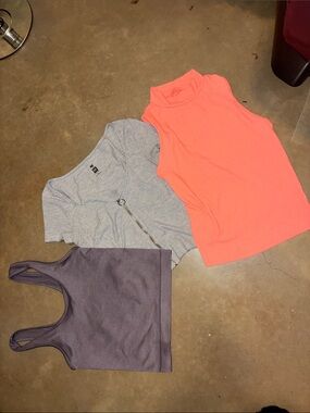 a new day Bright Coral Mock Neck Tank + Gray & Purple Ribbed Crop Top Trio